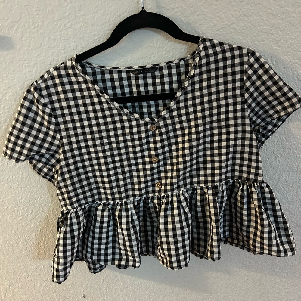 SHEIN Black and White Checkered gingham Peplum Blouse